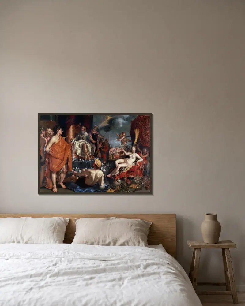 Hermes överlämnar Pandora till kung Epimetheus av Hendrick Goltzius inramad på en vägg