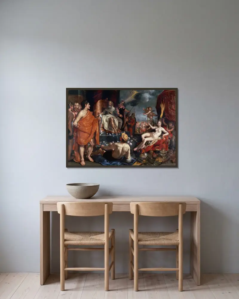 Hermes överlämnar Pandora till kung Epimetheus av Hendrick Goltzius inramad på en vägg