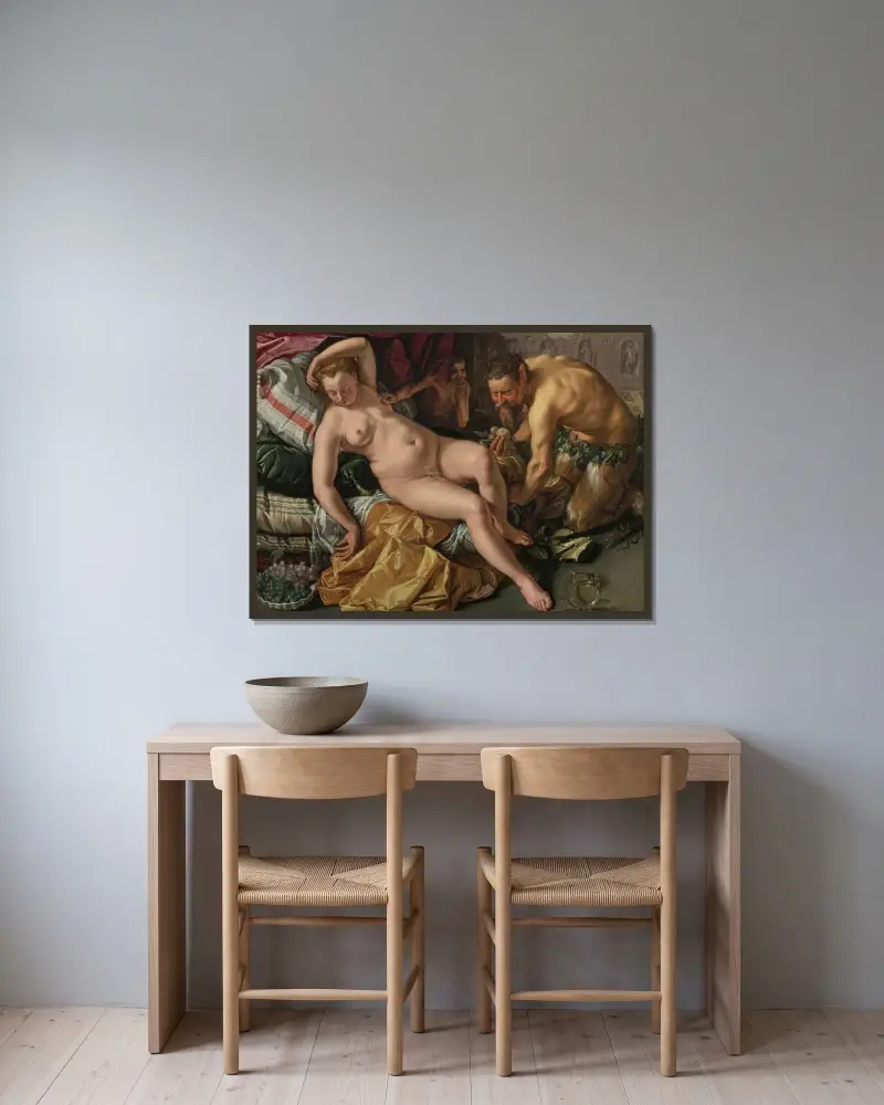 Jupiter och Antiope av Hendrick Goltzius inramad på en vägg