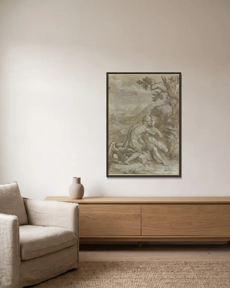 Jupiter and Europa av Hendrick Goltzius inramad på en vägg