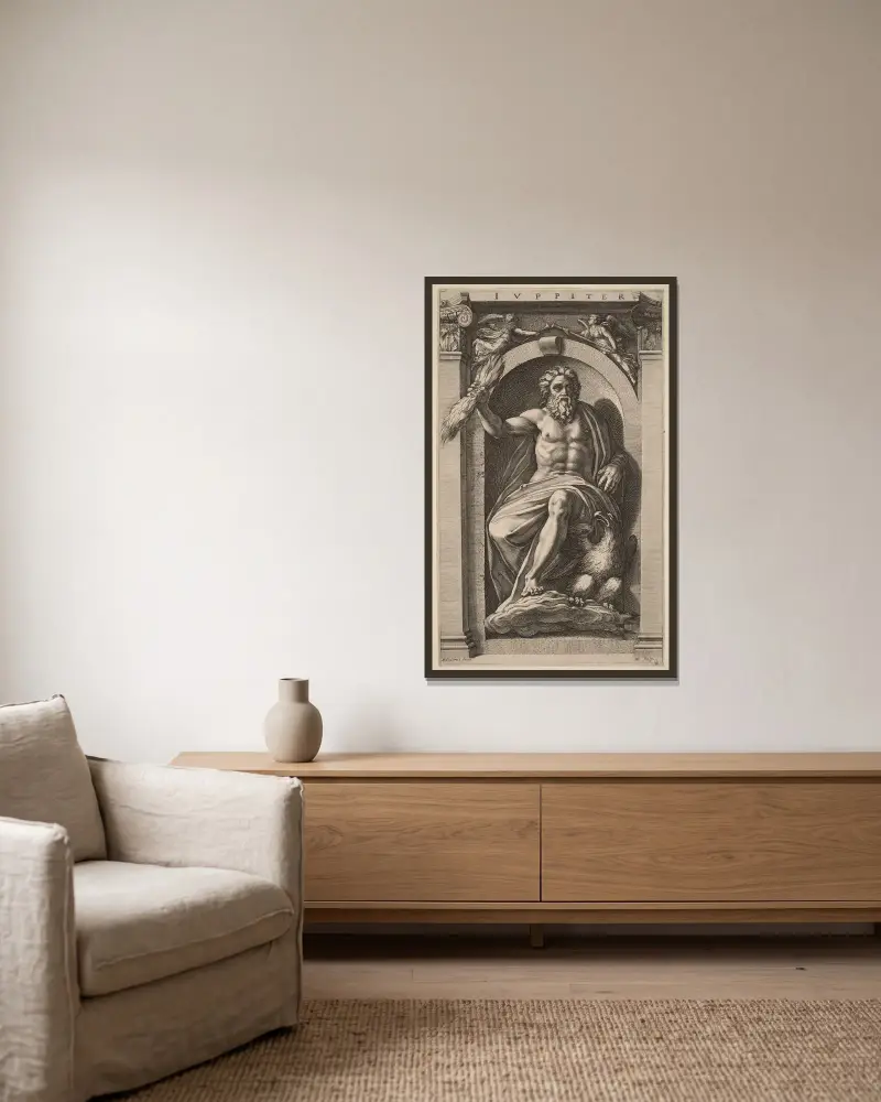 Jupiter av Hendrick Goltzius inramad på en vägg