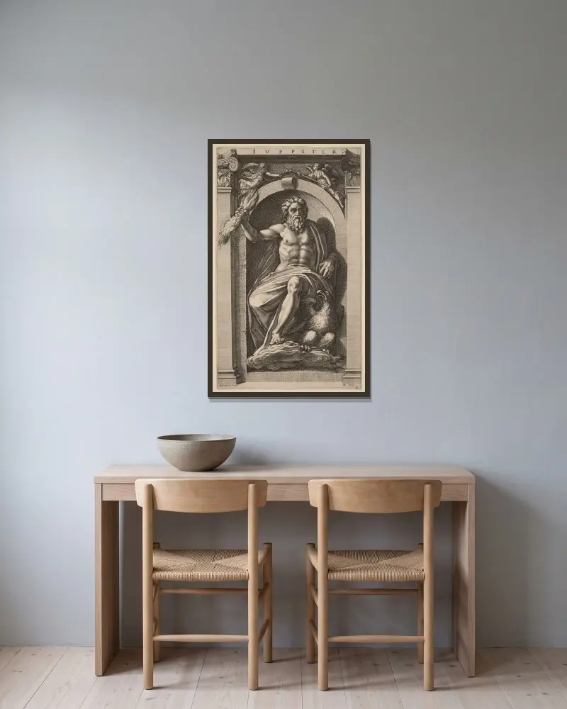 Jupiter av Hendrick Goltzius inramad på en vägg