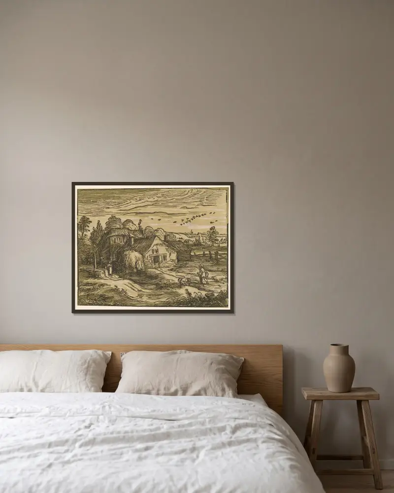 Landskap med bondgård av Hendrick Goltzius inramad på en vägg