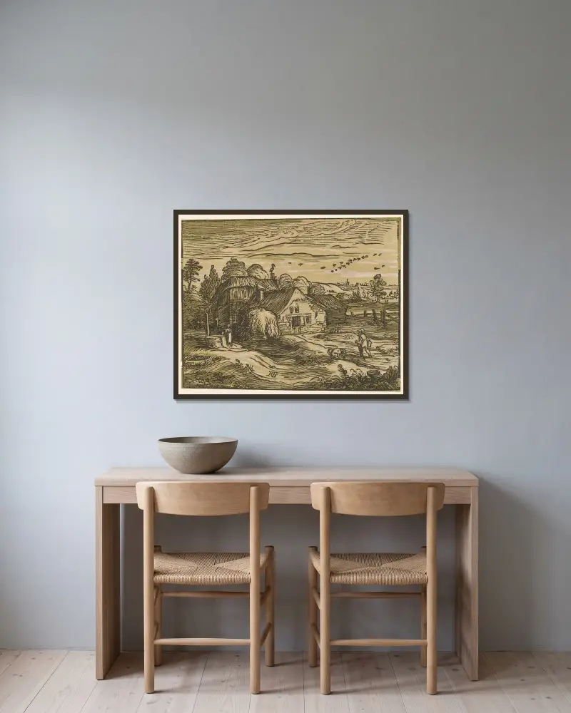 Landskap med bondgård av Hendrick Goltzius inramad på en vägg