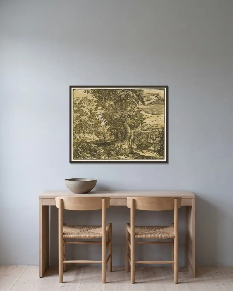 Landskap med herdepar av Hendrick Goltzius inramad på en vägg