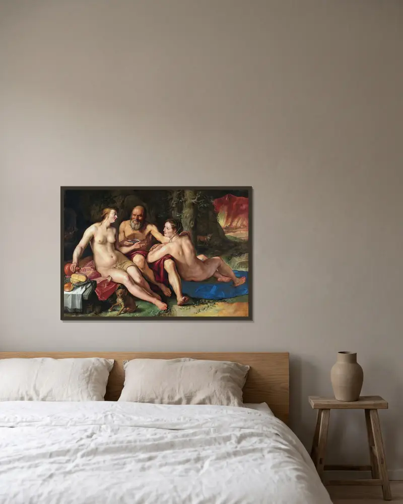 Lot och hans döttrar av Hendrick Goltzius inramad på en vägg