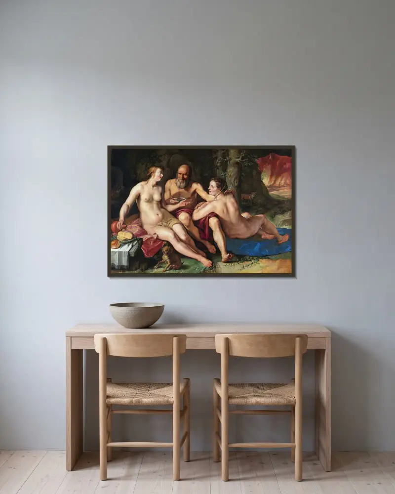 Lot och hans döttrar av Hendrick Goltzius inramad på en vägg