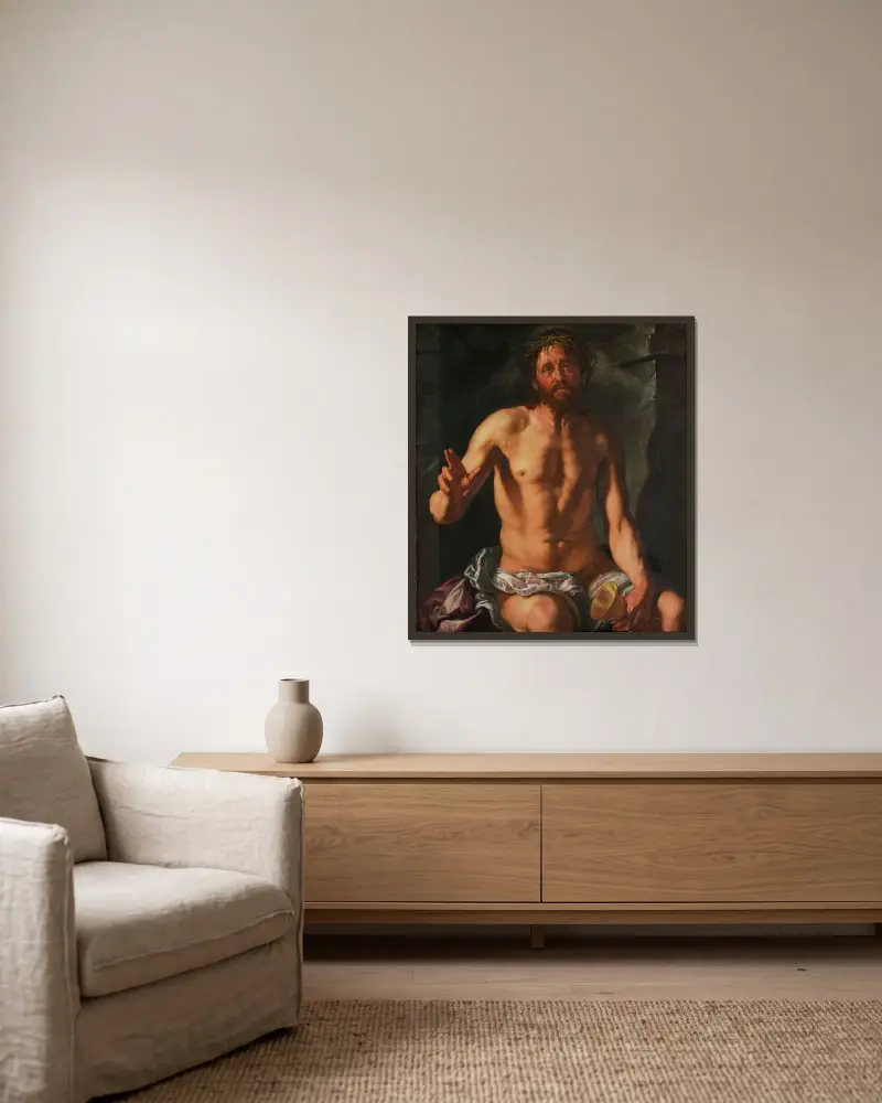 Smärtornas man med kalk (Kristus som återlösare) av Hendrick Goltzius inramad på en vägg
