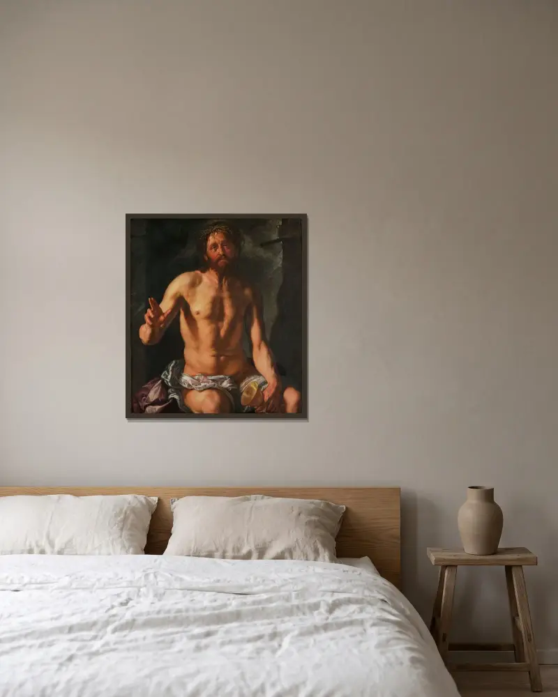 Smärtornas man med kalk (Kristus som återlösare) av Hendrick Goltzius inramad på en vägg