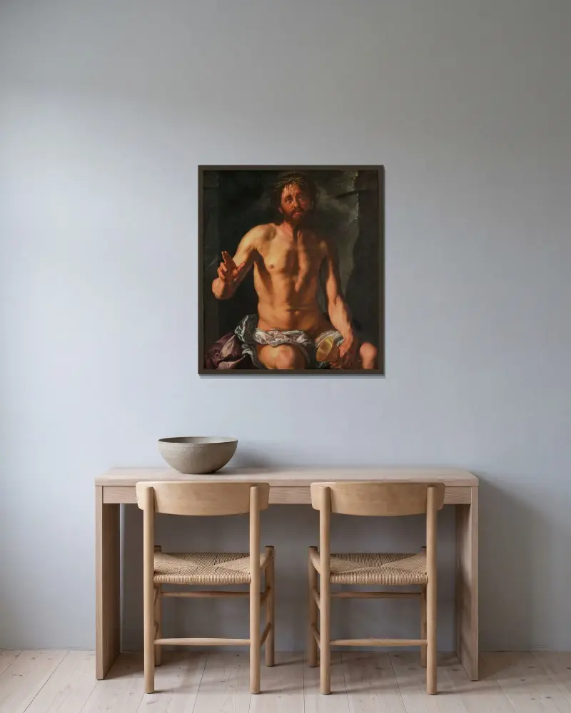 Smärtornas man med kalk (Kristus som återlösare) av Hendrick Goltzius inramad på en vägg