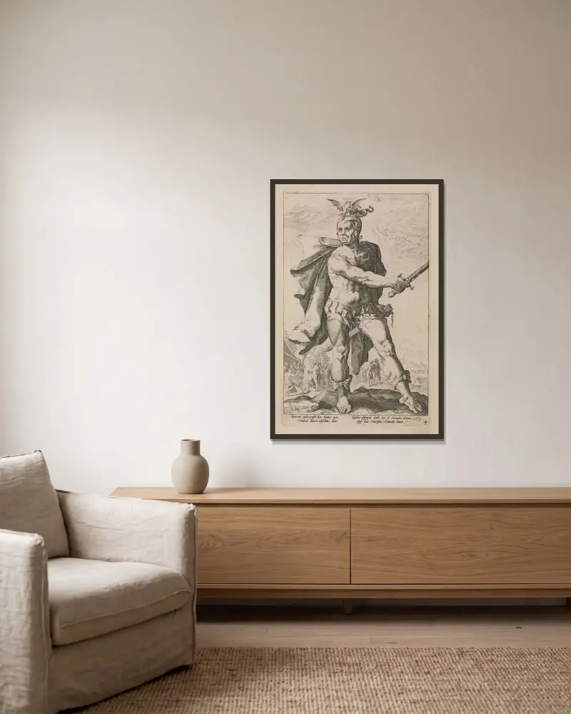 Mucius Scaevola av Hendrick Goltzius inramad på en vägg