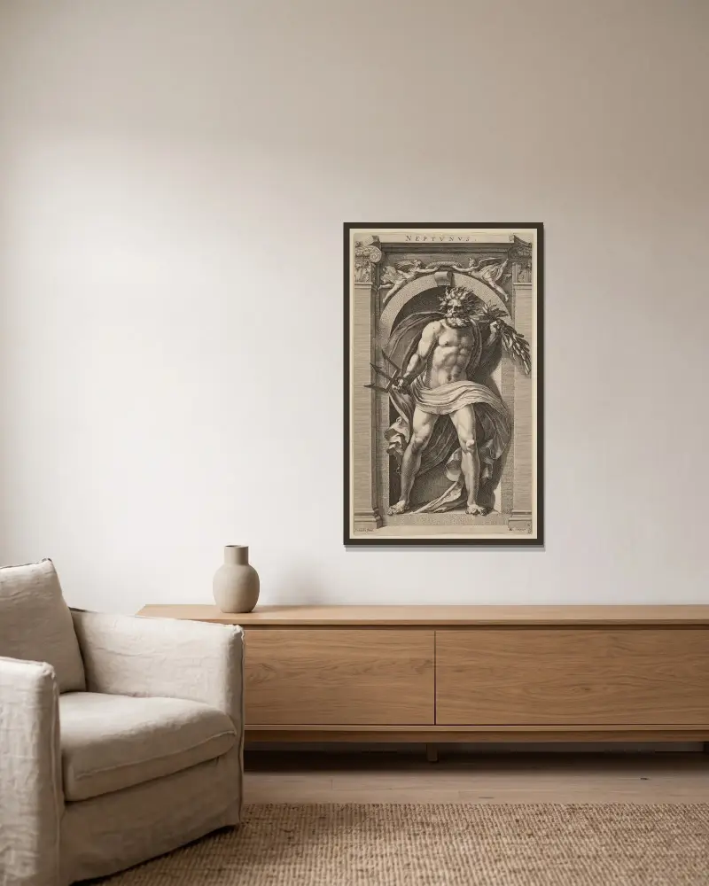 Neptunus av Hendrick Goltzius inramad på en vägg