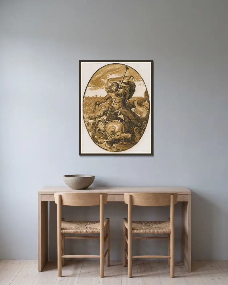 Oceanus av Hendrick Goltzius inramad på en vägg