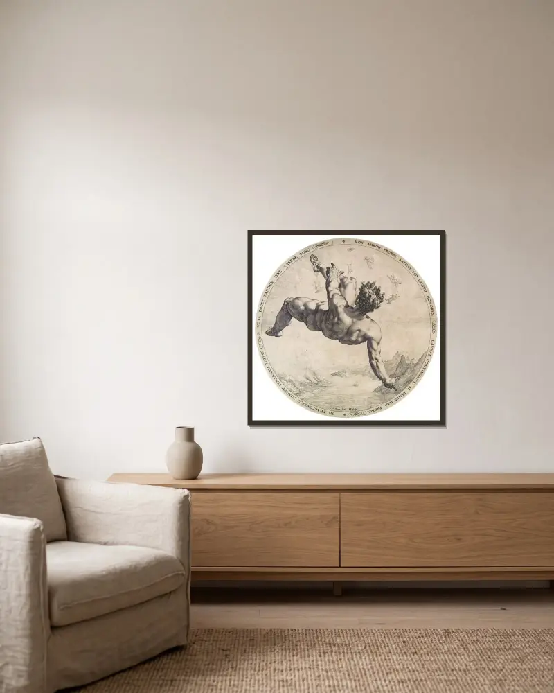 Phaethon (ur serien De fyra vanärade) av Hendrick Goltzius inramad på en vägg