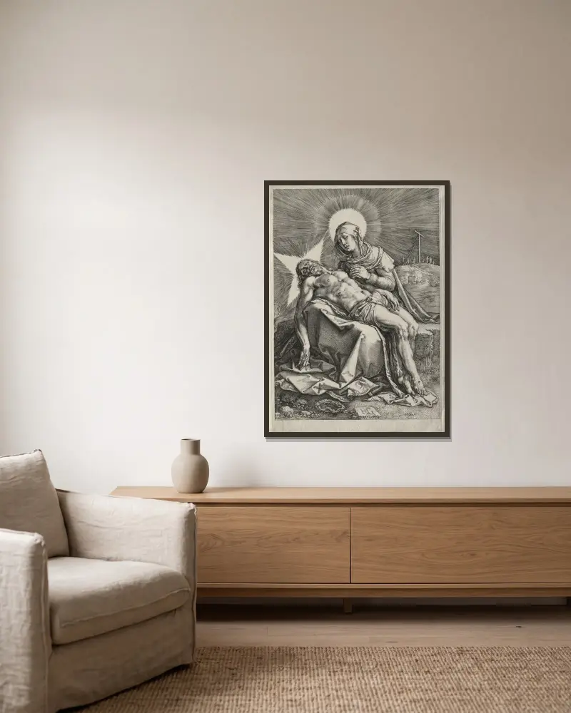 Pieta av Hendrick Goltzius inramad på en vägg