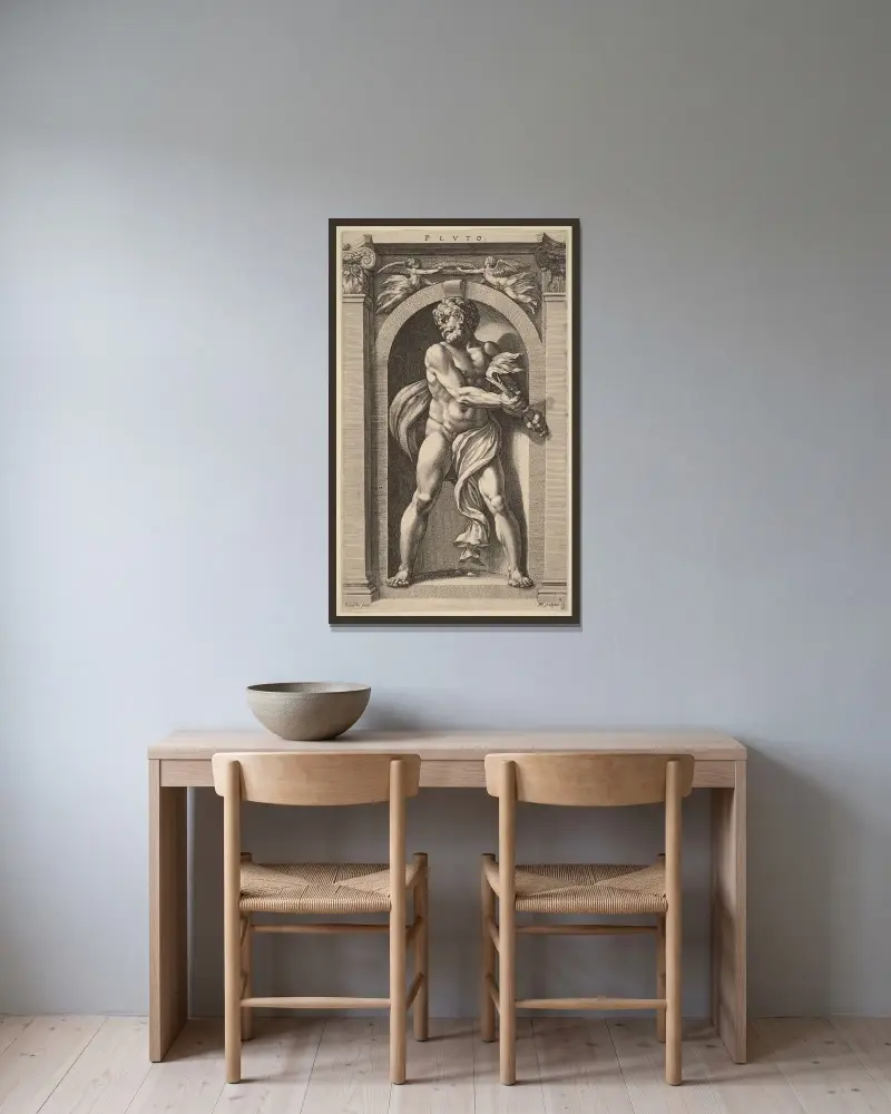 Pluto av Hendrick Goltzius inramad på en vägg