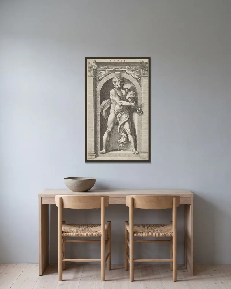 Pluto av Hendrick Goltzius inramad på en vägg