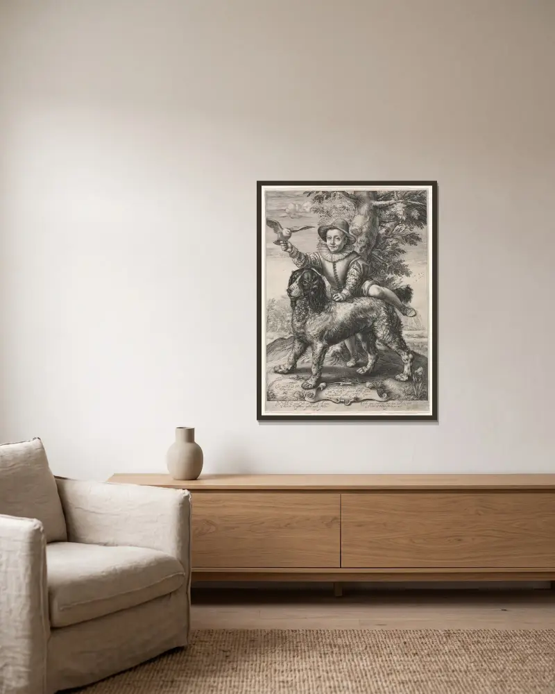 Porträtt av Frederick de Vries och hans hund av Hendrick Goltzius inramad på en vägg