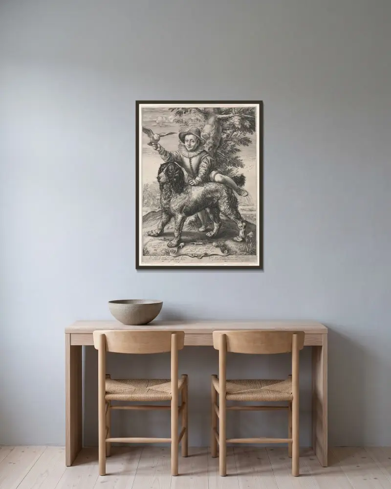 Porträtt av Frederick de Vries och hans hund av Hendrick Goltzius inramad på en vägg
