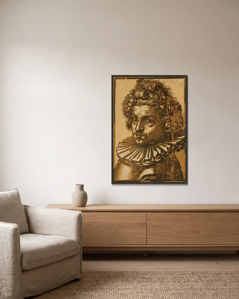 Portrait of Gillis van Breen av Hendrick Goltzius inramad på en vägg
