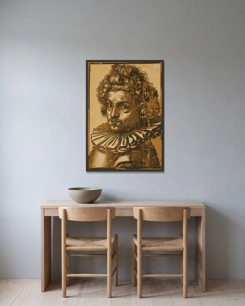 Portrait of Gillis van Breen av Hendrick Goltzius inramad på en vägg
