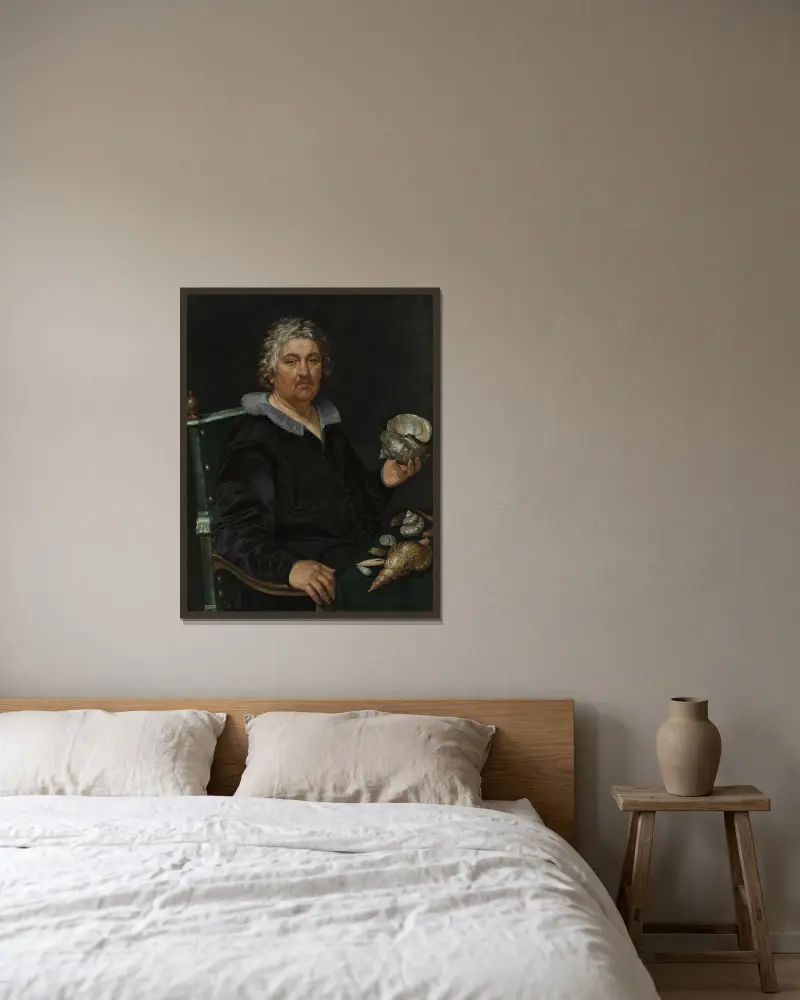 Porträtt av snäcksamlaren Jan Govertsen van der Aer (1545–1612) av Hendrick Goltzius inramad på en vägg