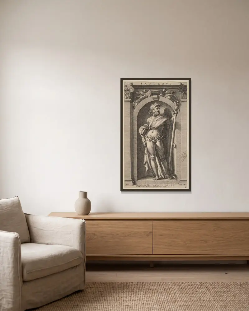 Saturn av Hendrick Goltzius inramad på en vägg