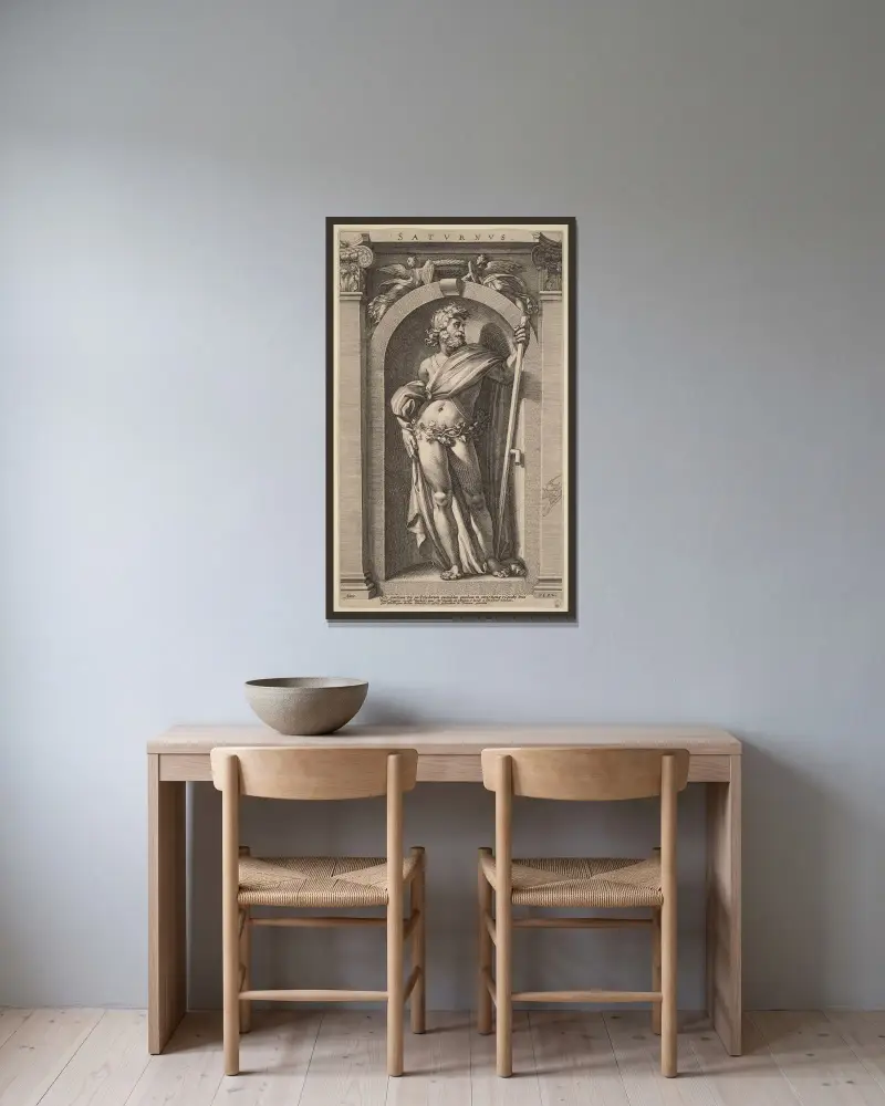 Saturn av Hendrick Goltzius inramad på en vägg