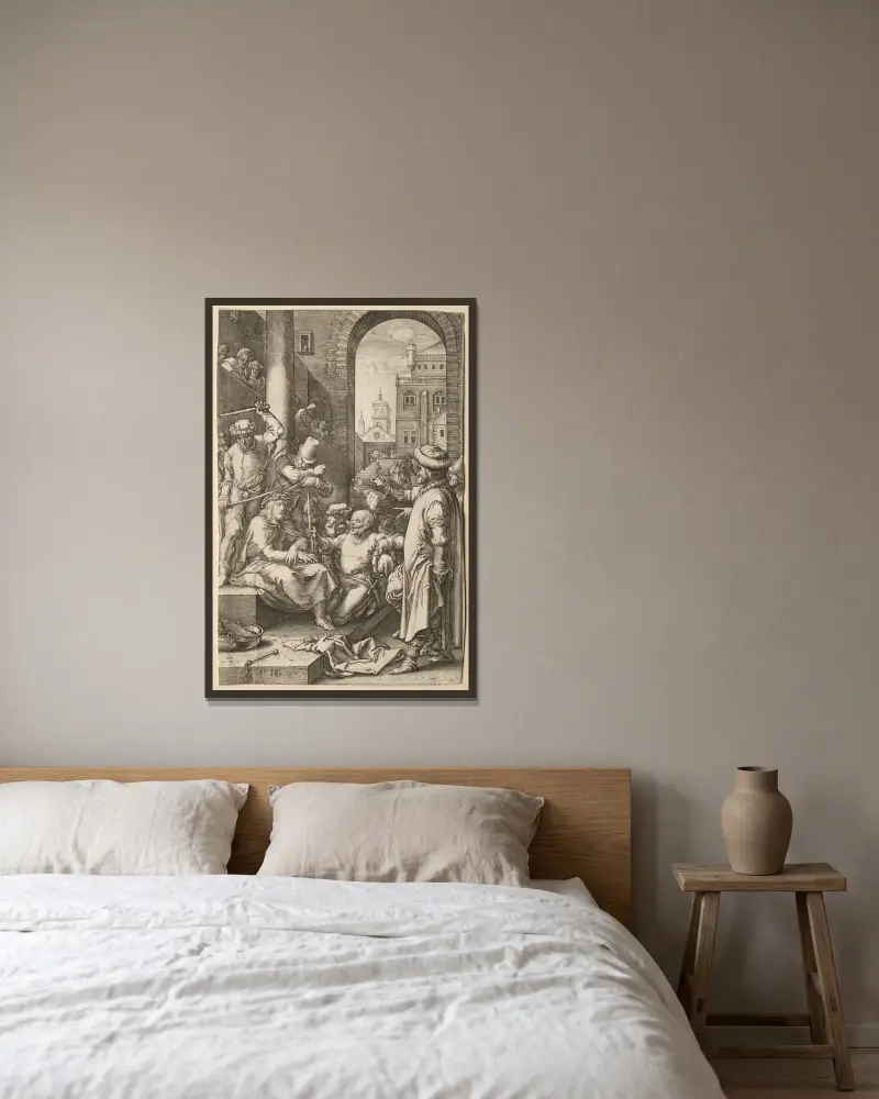 Törnekröningen av Hendrick Goltzius inramad på en vägg