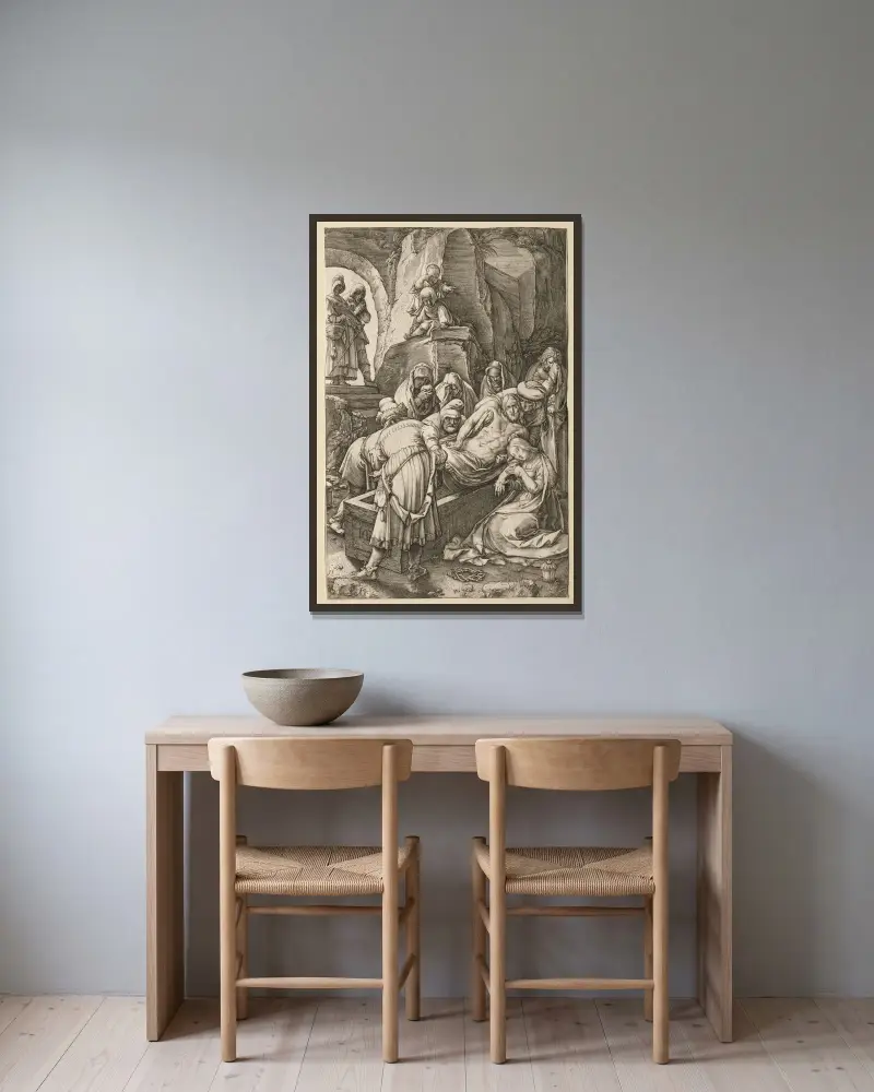 Gravläggningen av Hendrick Goltzius inramad på en vägg