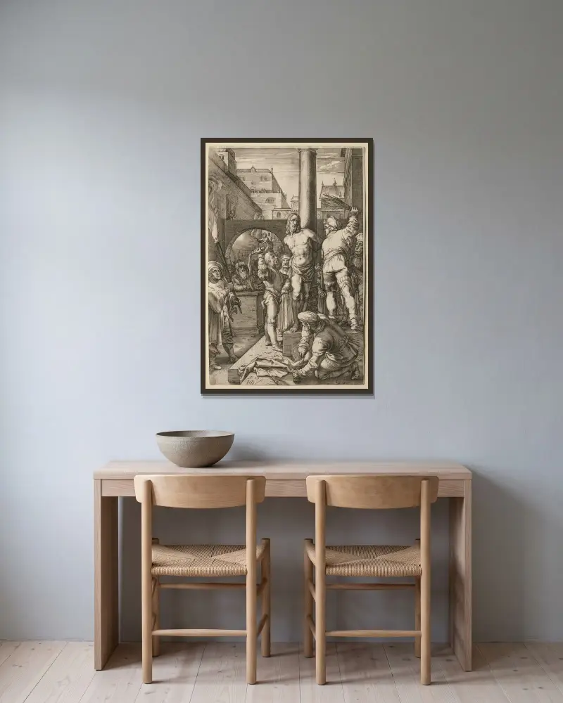 Gisslingen av Hendrick Goltzius inramad på en vägg