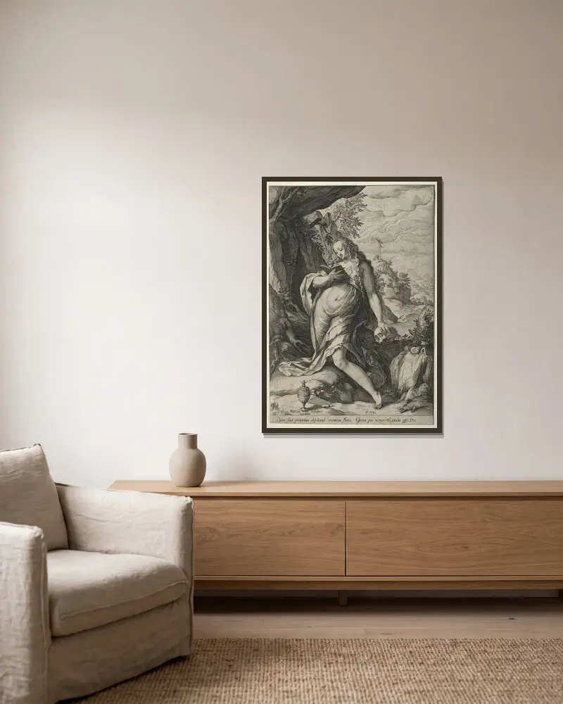 Den botgörande Magdalena av Hendrick Goltzius inramad på en vägg