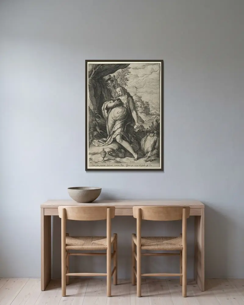 Den botgörande Magdalena av Hendrick Goltzius inramad på en vägg