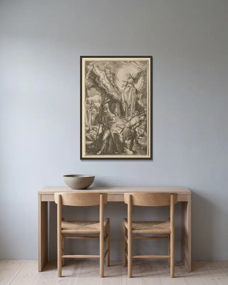 Uppståndelsen av Hendrick Goltzius inramad på en vägg