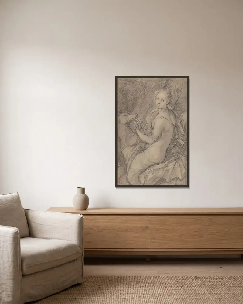 Hörseln av Hendrick Goltzius inramad på en vägg