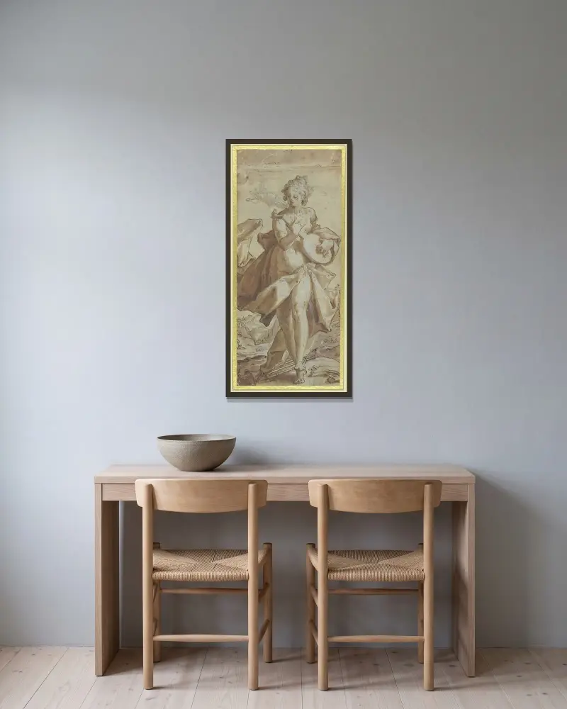 Hörseln av Hendrick Goltzius inramad på en vägg