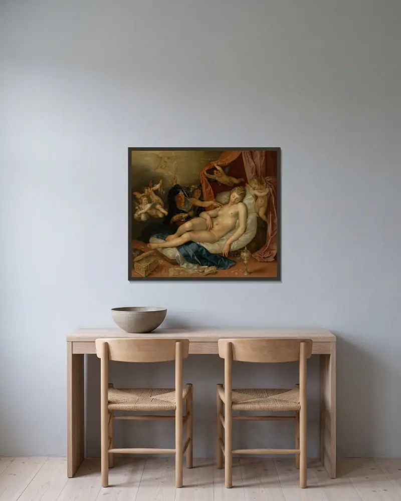 Den sovande Danaë som görs redo att ta emot Jupiter av Hendrick Goltzius inramad på en vägg