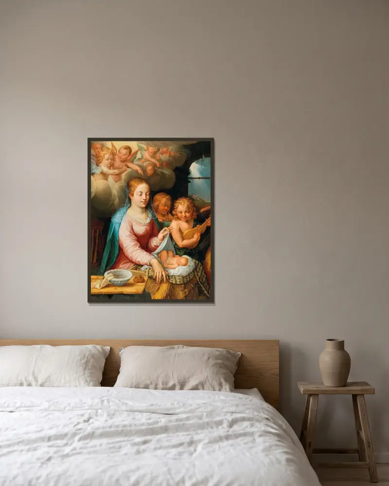 Jungfrun och barnet med änglar av Hendrick Goltzius inramad på en vägg