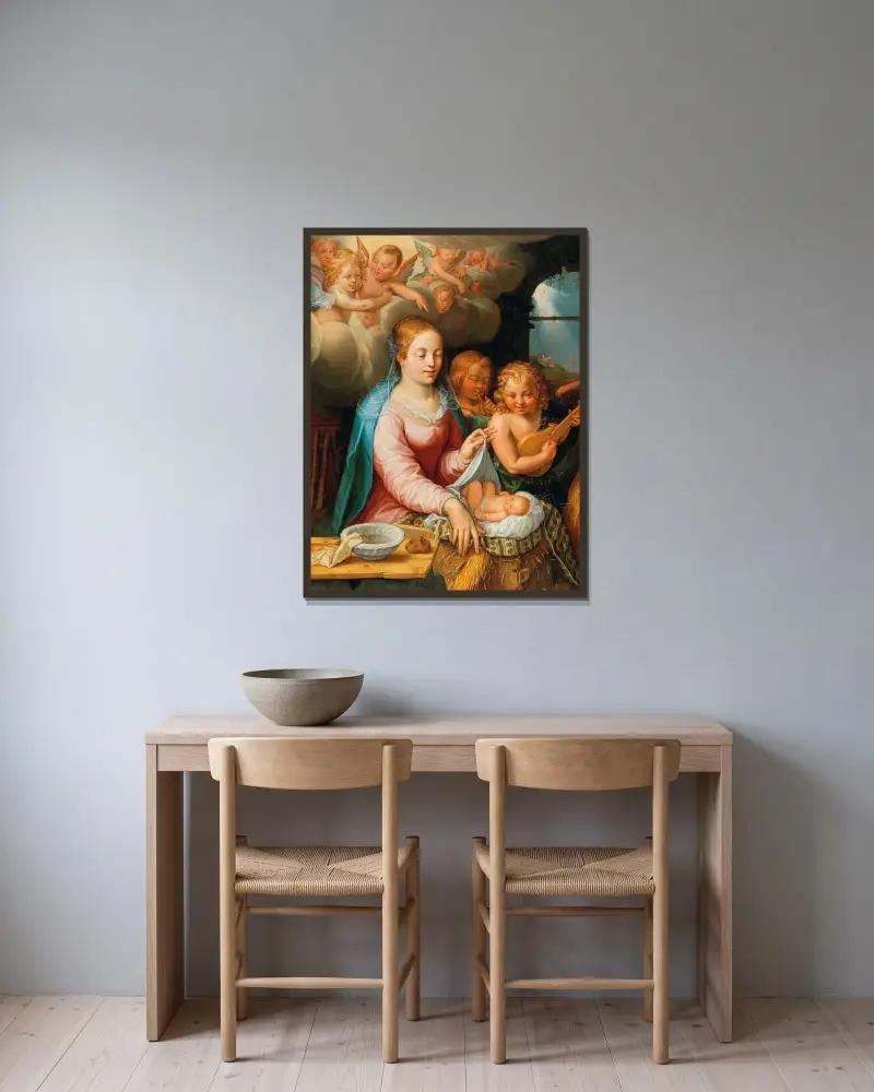 Jungfrun och barnet med änglar av Hendrick Goltzius inramad på en vägg