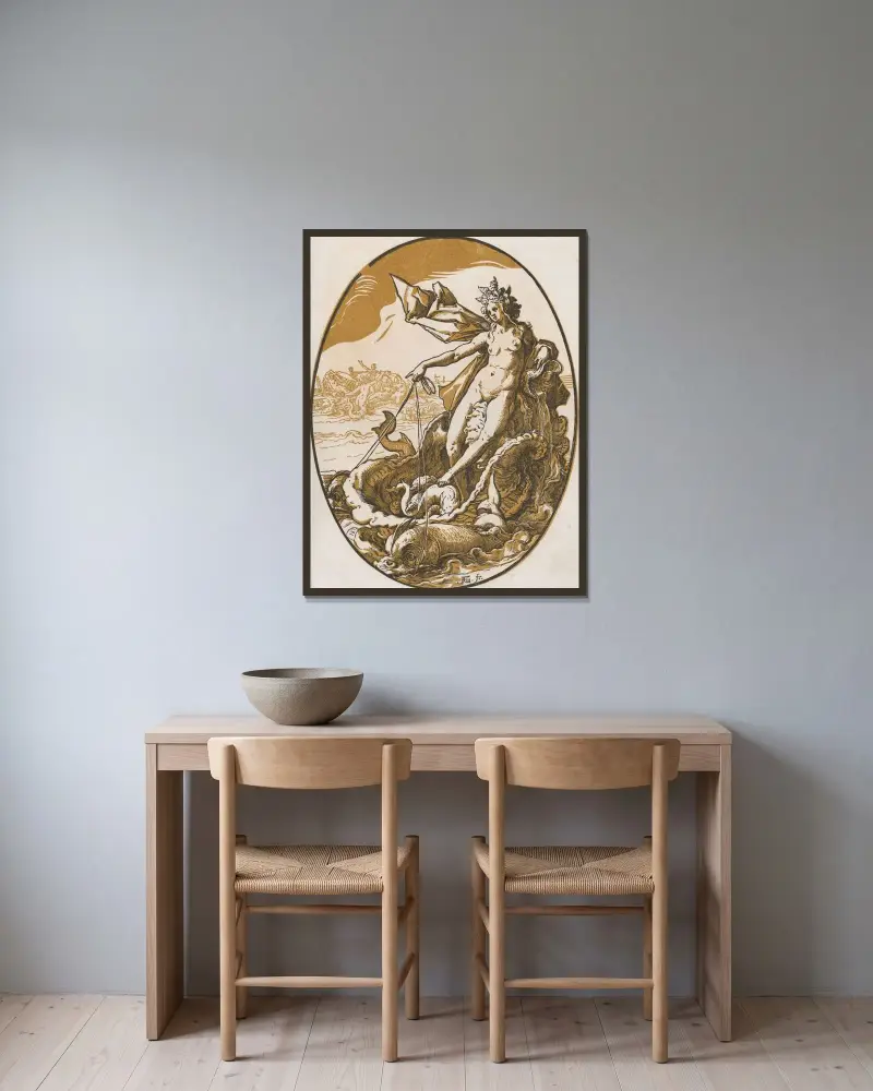 Thetis av Hendrick Goltzius inramad på en vägg