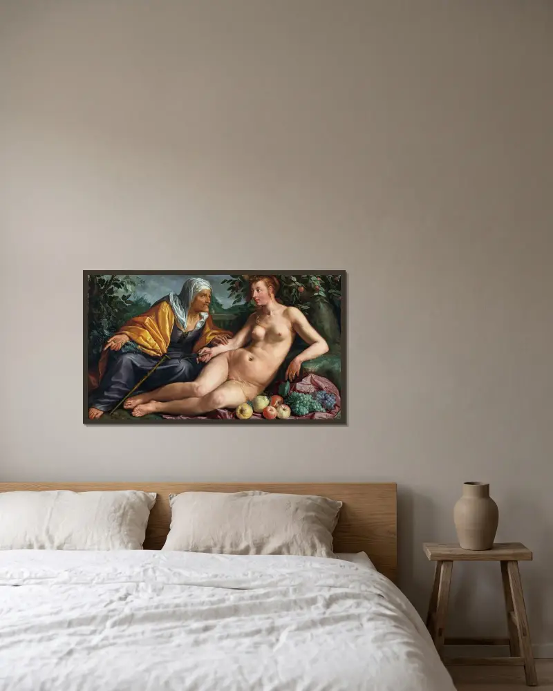 Vertumnus och Pomona av Hendrick Goltzius inramad på en vägg