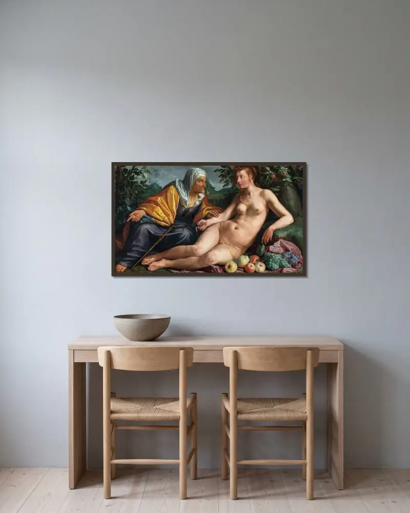 Vertumnus och Pomona av Hendrick Goltzius inramad på en vägg
