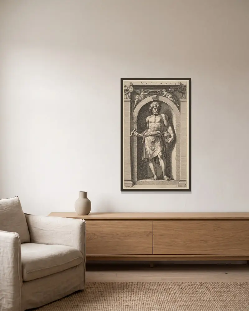 Vulkan av Hendrick Goltzius inramad på en vägg