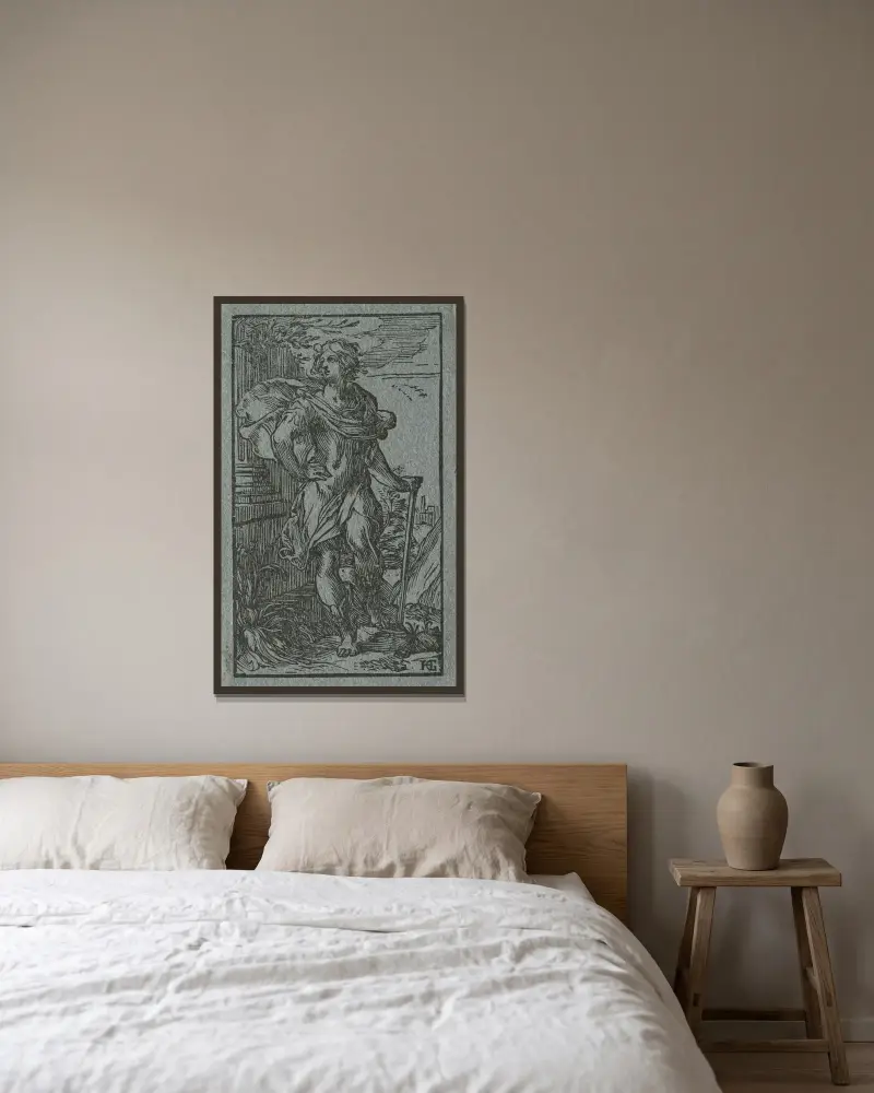 Ung man stående med käpp av Hendrick Goltzius inramad på en vägg