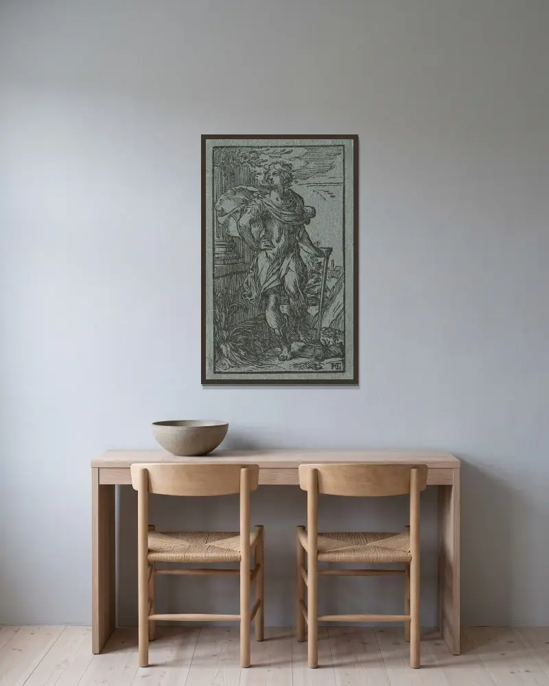 Ung man stående med käpp av Hendrick Goltzius inramad på en vägg