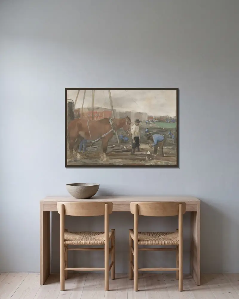 Bouwterrein Oud-West te Amsterdam av George Hendrik Breitner inramad på en vägg