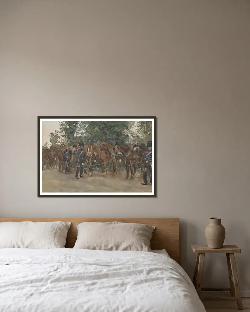 Huzaren staande naast hun paarden langs de kant van de weg av George Hendrik Breitner inramad på en vägg
