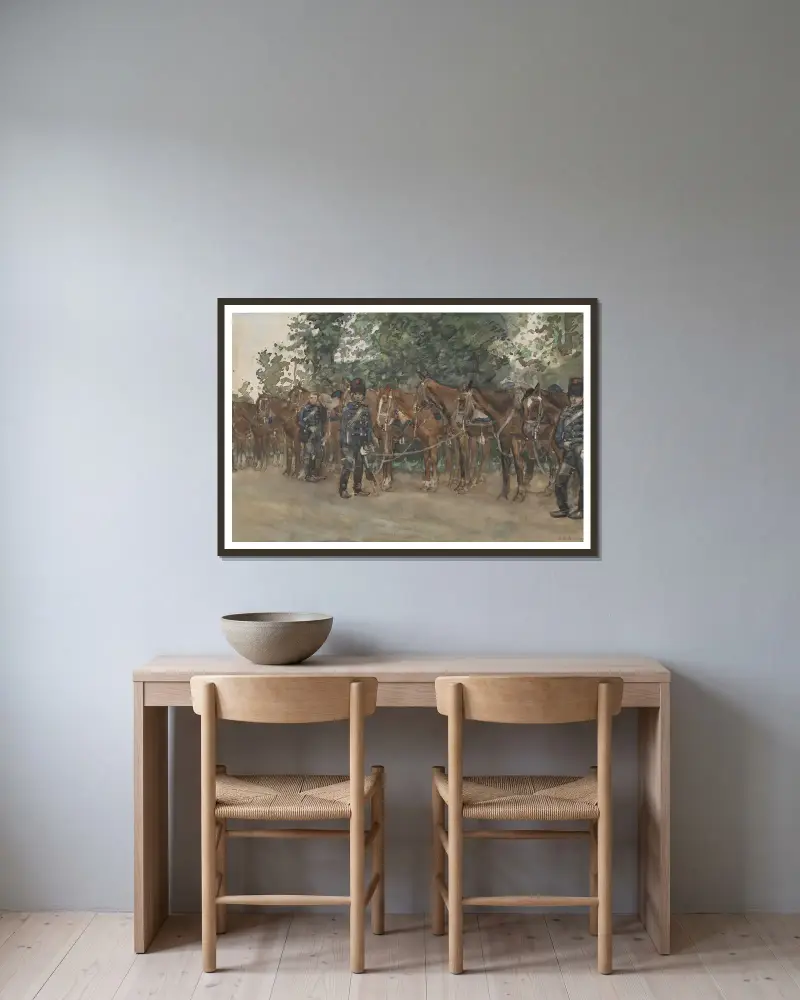 Huzaren staande naast hun paarden langs de kant van de weg av George Hendrik Breitner inramad på en vägg