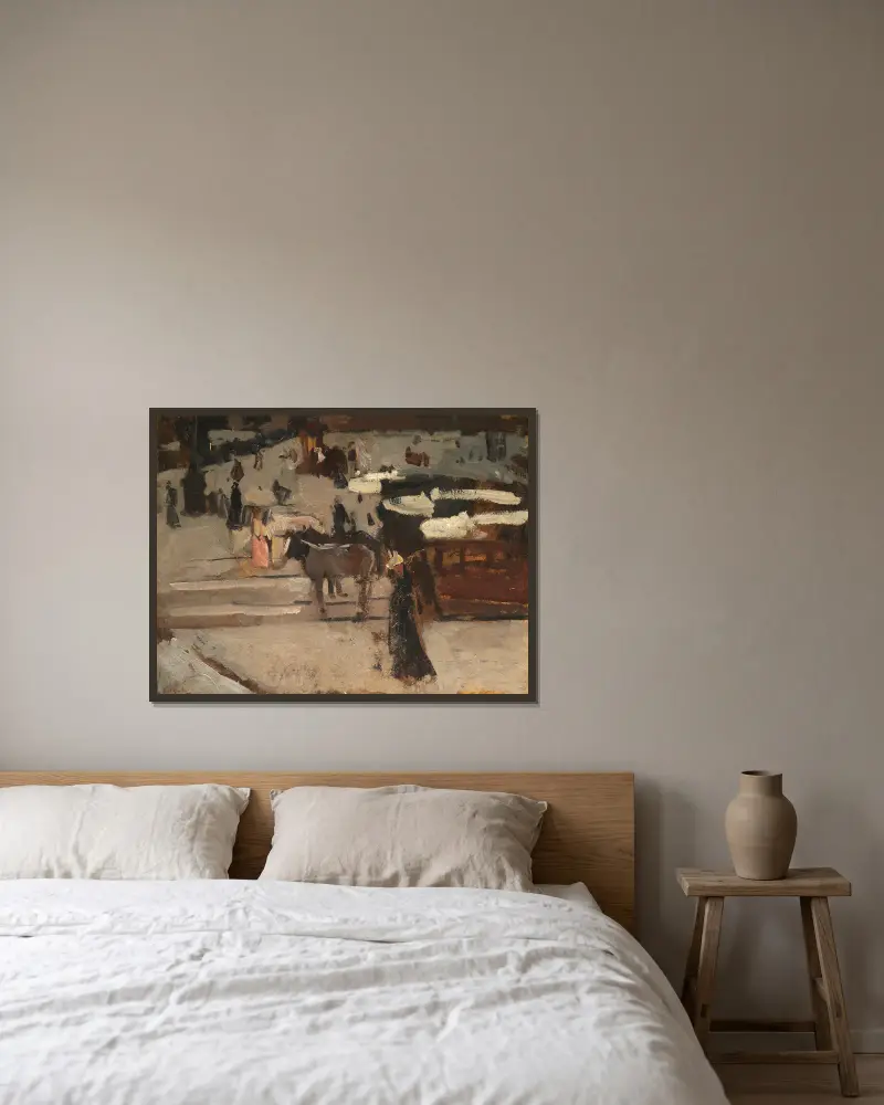 Paardentrams en figuren op een plein av George Hendrik Breitner inramad på en vägg