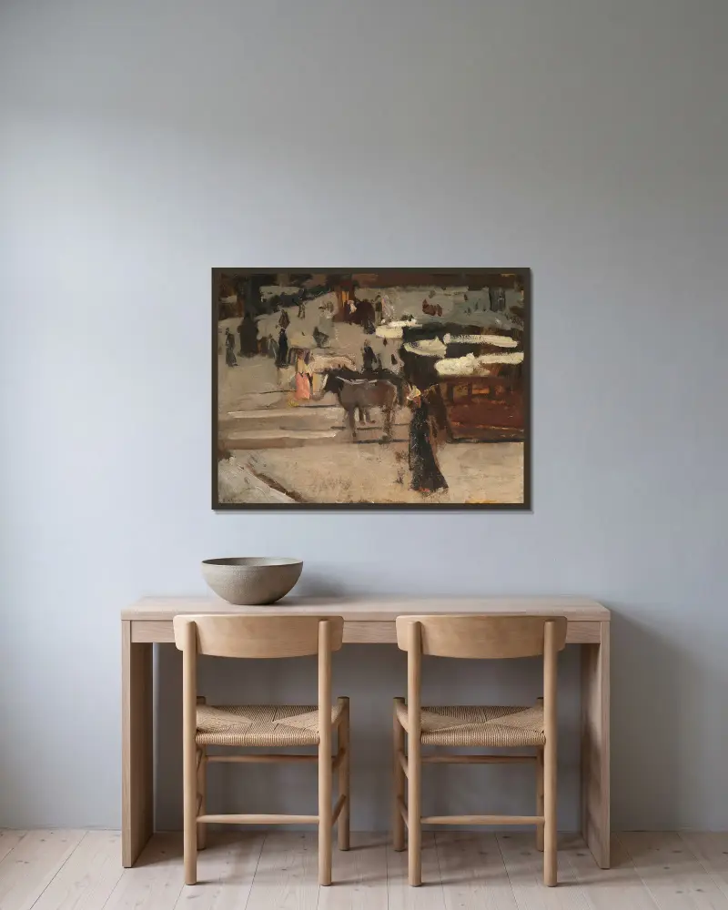 Paardentrams en figuren op een plein av George Hendrik Breitner inramad på en vägg